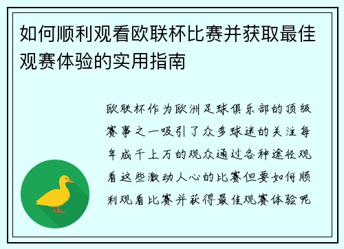 如何顺利观看欧联杯比赛并获取最佳观赛体验的实用指南